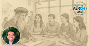 Montaje imaginario de Leonardo da Vinci acompañando a jóvenes emprendedores en la Universidad de O’Higgins.