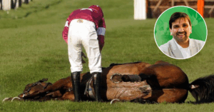 Caballo colapsado en pista, símbolo del maltrato animal en carreras de caballos en Chile.